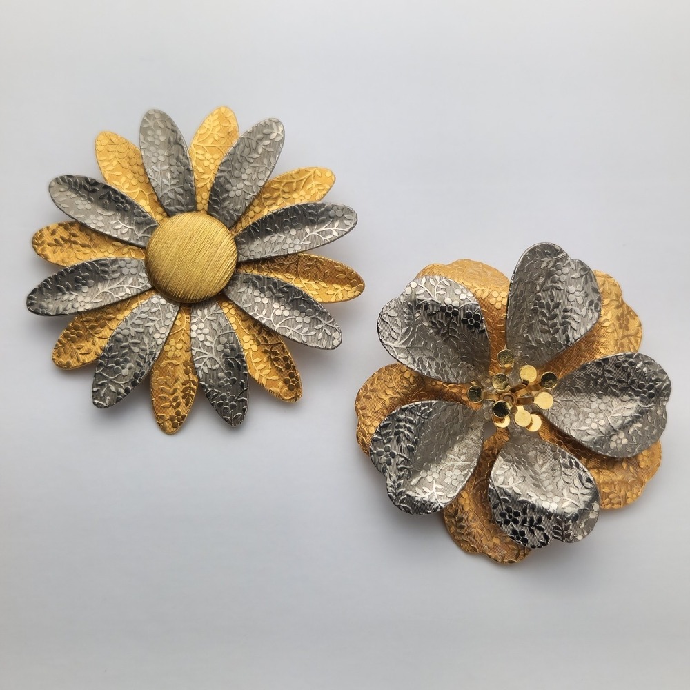 Silver Gold Tone Flower  Brooches (2), Two-Tone, Textured Mid-Century Pins